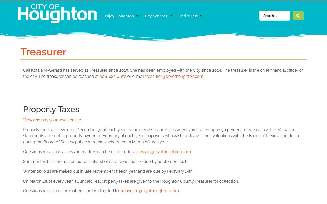 City of Houghton Treasurer page