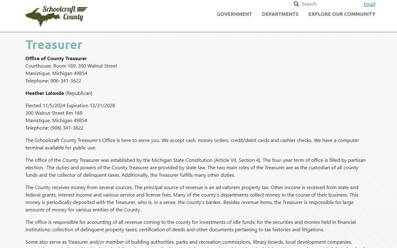 Schoolcraft County Treasurer page