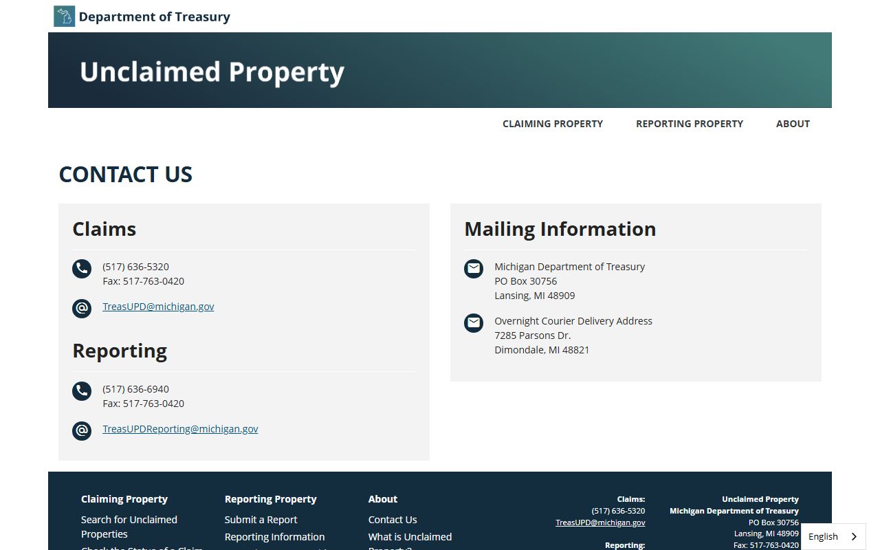 Michigan unclaimed property division contact information