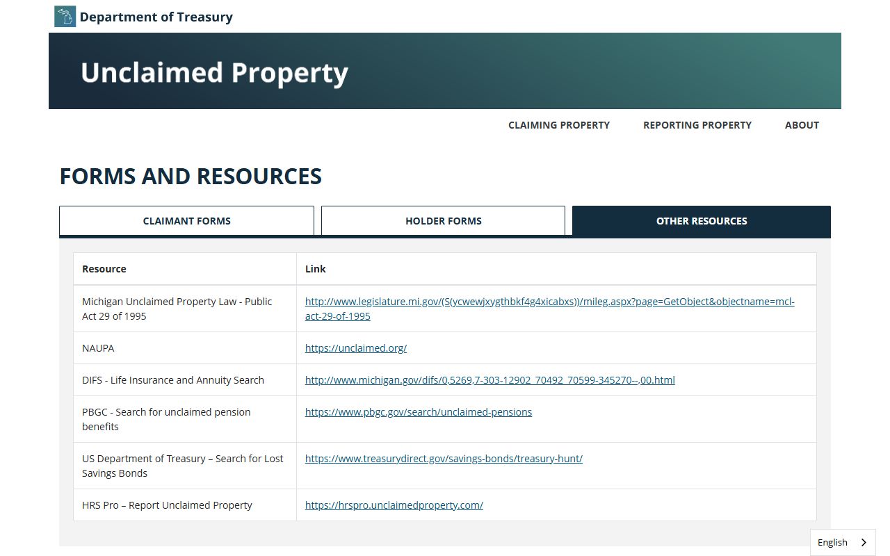 Michigan unclaimed property forms and resources page