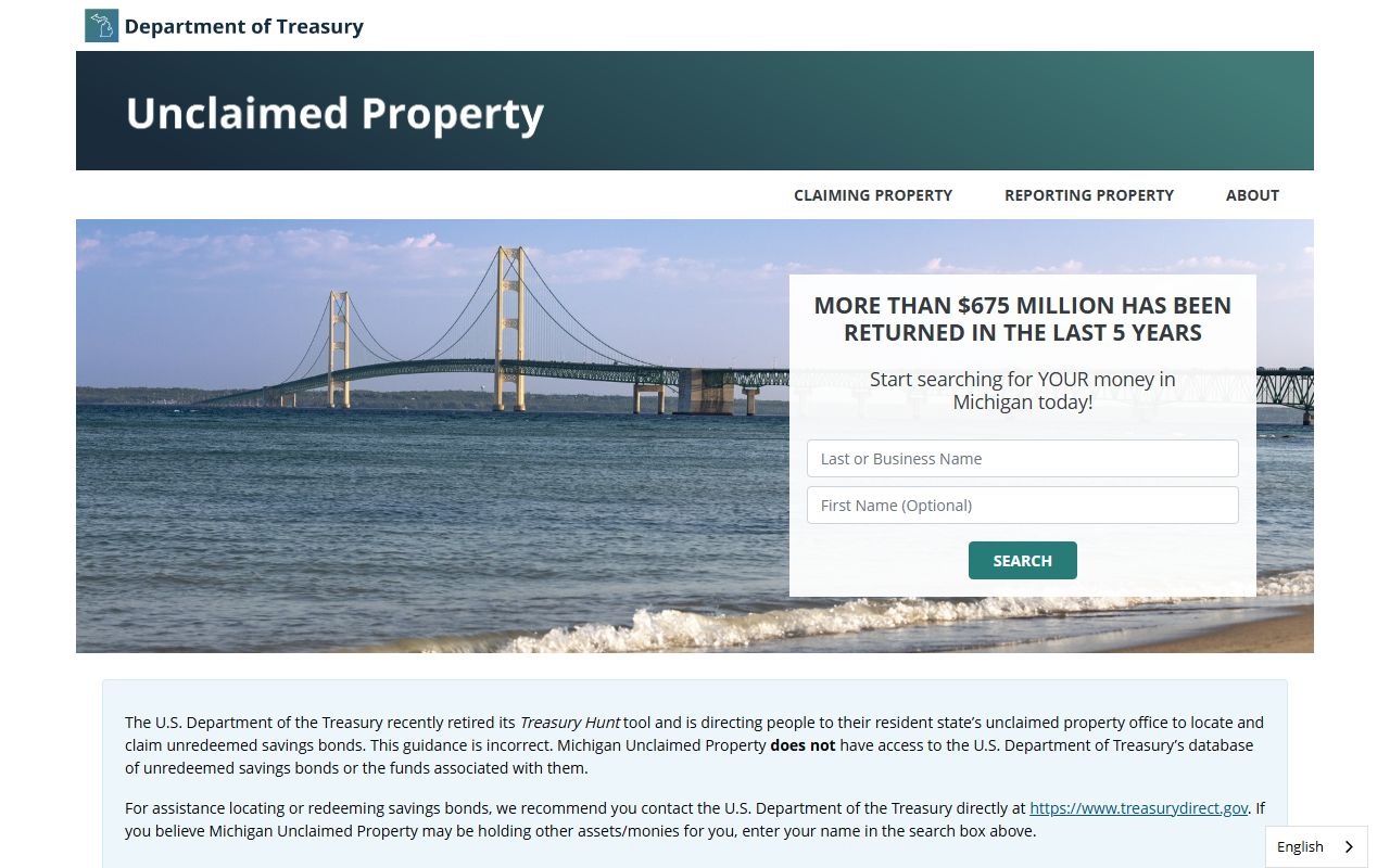 Michigan Unclaimed Property main search portal at unclaimedproperty.michigan.gov